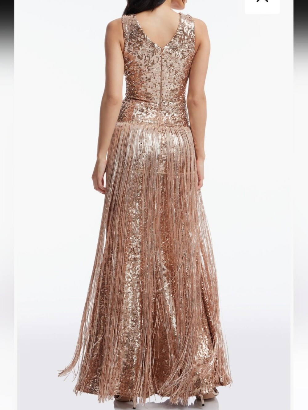 Dress The Population NWT Gold Sequin Fringe Maxi Gown XS $598 Deep V Formal - Picture 2 of 16